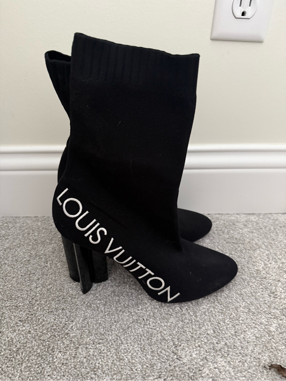 Louis Vuitton Black Knit Sock Boot with White Logo